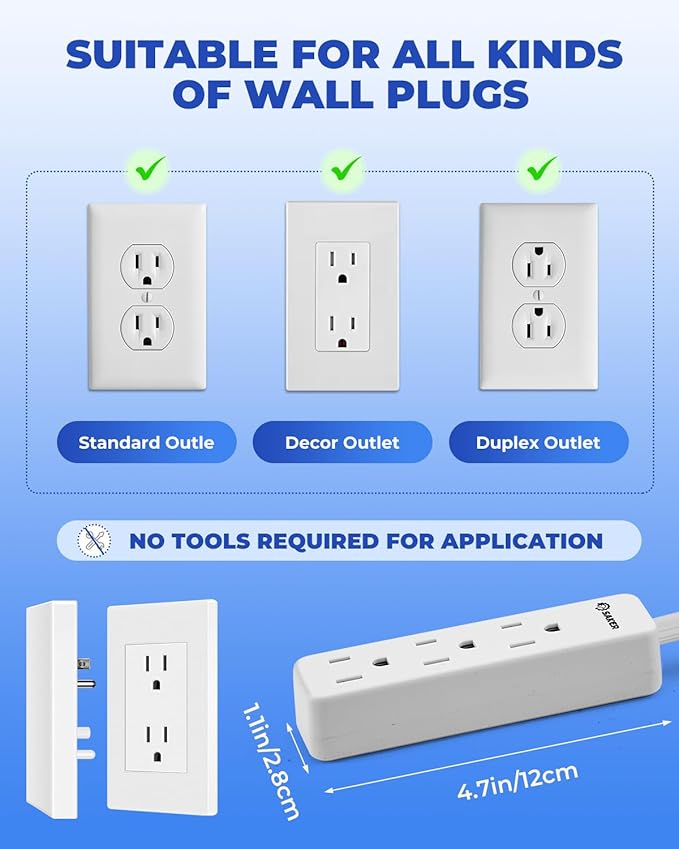 Saker Outlet Concealer Power Strip | 10ft Flat Plug Extension Cord with 3 Outlets,1625W | Universal Size Baby Proof Outlet Cover Extension Cord for Kitchen, Home and Office(10ft)