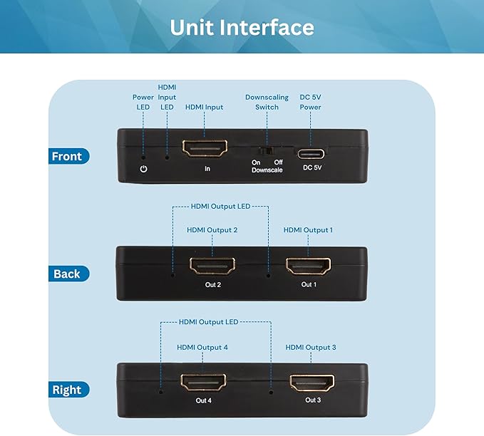 J-Tech Digital HDMI Splitter 4K 60Hz 1X4 Multi-Resolution Output (MRO) HDMI 2.0 Splitter Supports downscale HDR HDR10 / Dolby Vision 4K@60Hz 4:4:4 HDCP2.3 2.2 (JTECH-4KSP4)