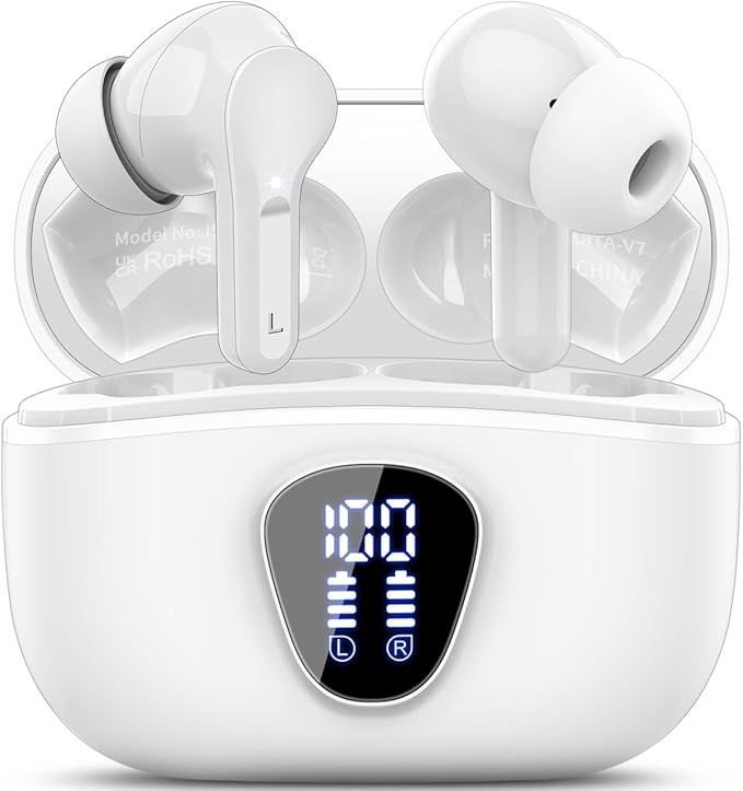 Wireless Earbuds, Bluetooth 5.4 Headphones HiFi Stereo, Bluetooth Earbuds with ENC Noise Cancelling Mic, IP7 Waterproof in Ear Earphones, 48H, LED Display Ear buds for Pad Workout Sports, White Purple