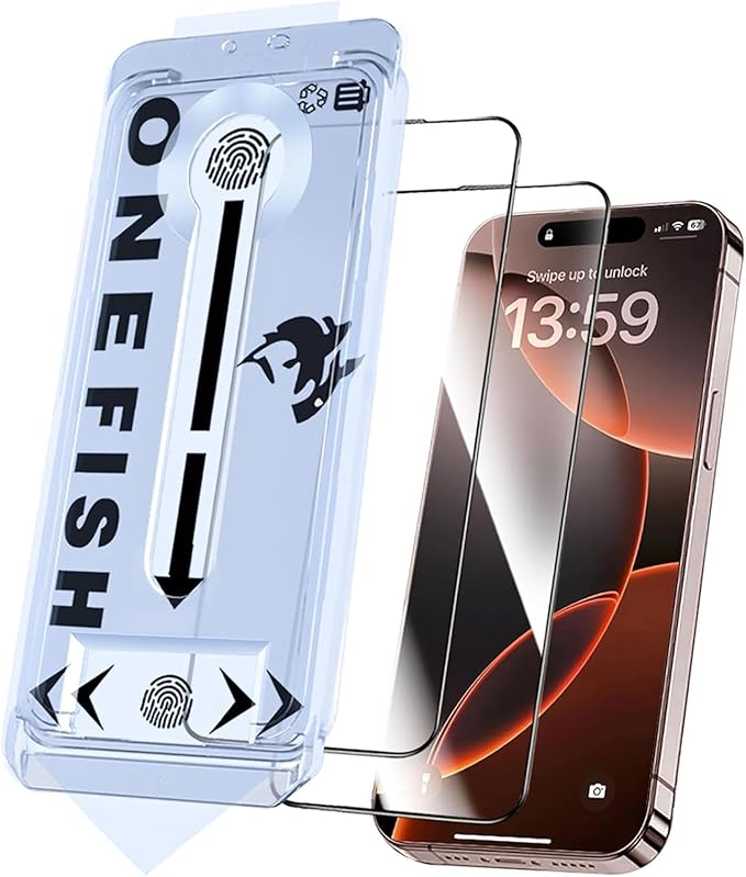 OneFish Screen Protector Glass for iphone 16, Airbag Edge Protection, 9H Glass Scratch Resistant, HD Clarity Tempered Film with Installation Frame, Easy Installation, 2Pack