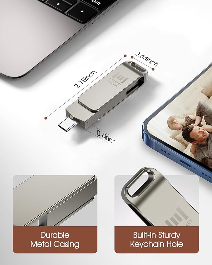 MOSDART 256GB USB3.1 Fast Speed C and A Dual Flash Drive, exFAT Memory Stick with Keychain Loop, for iPhone 15 and 16, Android Phone, iPad, MacBook, Silver