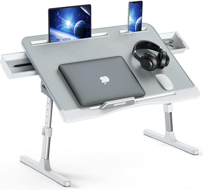 Laptop Bed Tray Desk, Foldable and Adjustable Lap Table with Heights and Angles, Upgraded-Sturdy Laptop Lap Desk for Bed/Sofa/Couch/Floor (2 Drawers, X-Large, Grey)