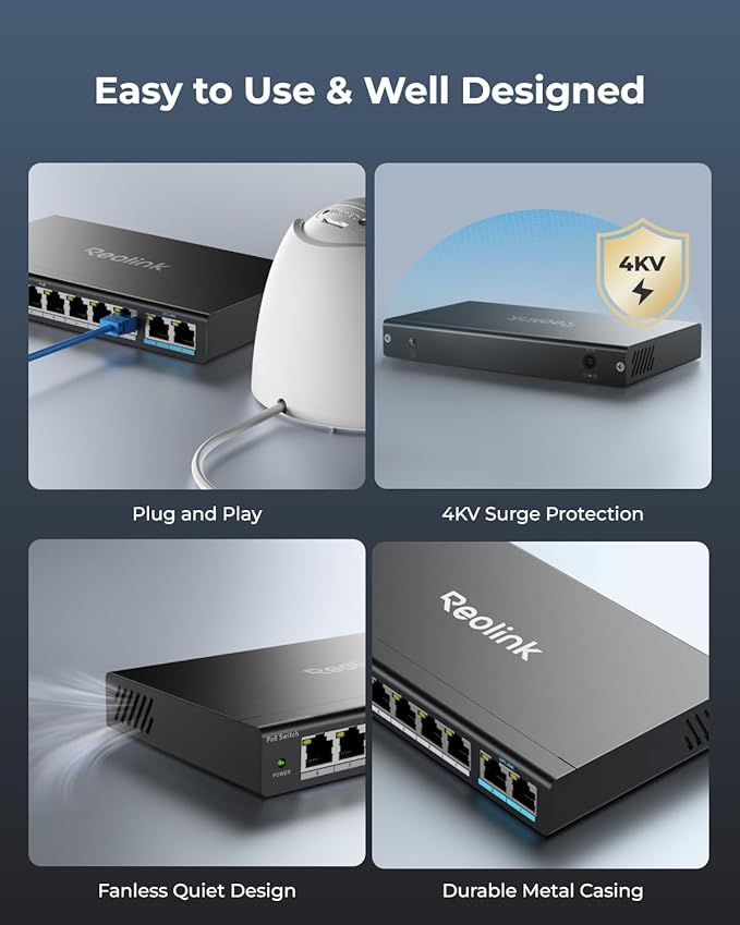 REOLINK PoE Switch with 8 PoE and 2 Gigabit Uplink Ports, Ideal for REOLINK RLN36 NVR and Power Over Ethernet IP Cameras, IEEE802.3af/at, Metal Casing, Desktop/Wall Mount, RLA-PS1
