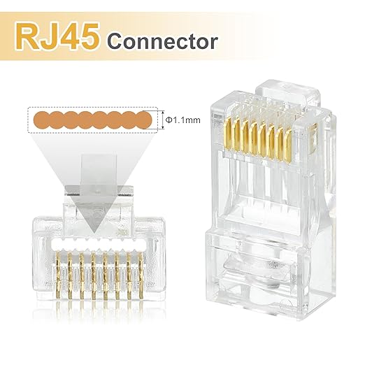 MECCANIXITY 100pcs Cat6 RJ45 Pass Through Connectors, RJ45 Connector 8P8C Gold Plated Plugs with 100pcs Blue Strain Relief Boots for Solid or Stranded UTP Ethernet Cable, 1.1mm