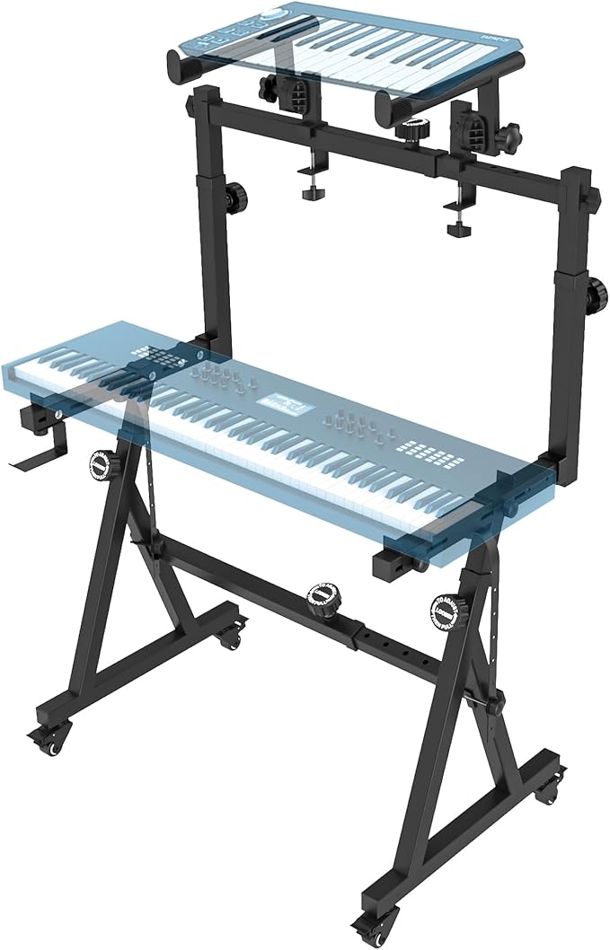 Dual Piano Keyboard Stand with 2nd Tier - Z Style Adjustable and Portable 2 Tier Heavy Duty Music Stand for Synths and Electric Digital Keyboards - Fits 54 61 88 Key Pianos