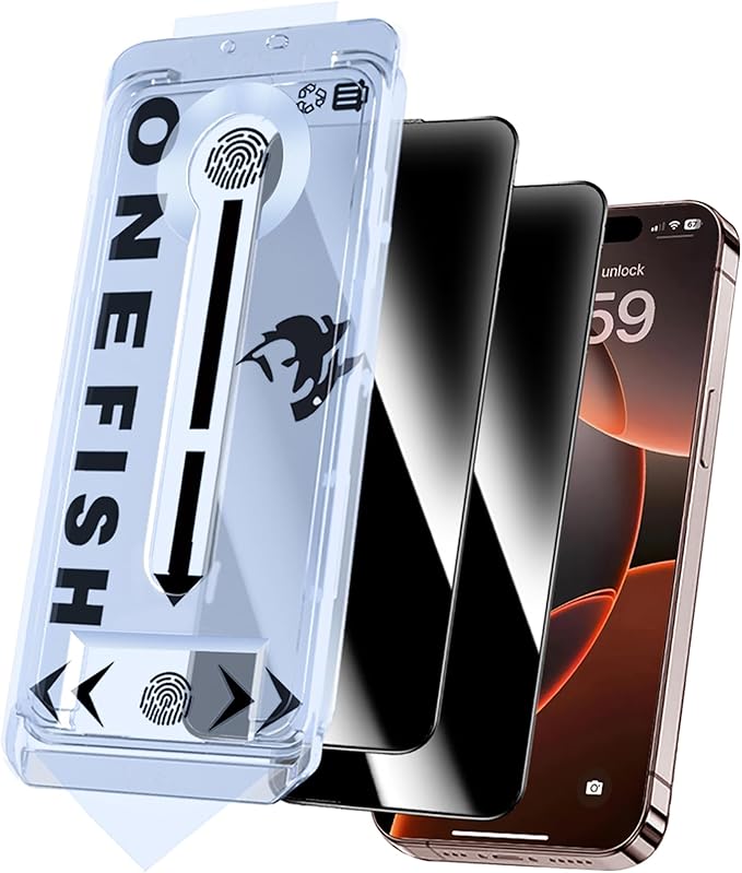 OneFish Screen Protector Privacy for iphone 13 Pro Max/14 Plus, Anti Spy Private Tempered Glass Edge Protection, Dynamic Island Compatible with Installation Frame, 9H Glass Scratch Resistant, 2Pack