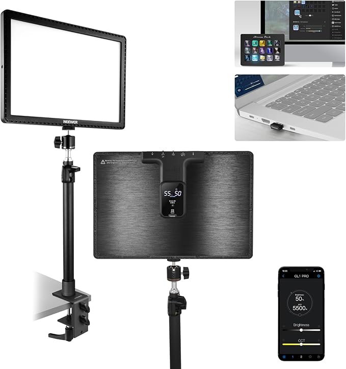 NEEWER 15.5" LED Streaming Key Light, Clamp on Desk Panel Video Lighting for Gaming Recording Zoom Call, CRI97+, 2.4G PC/Mac iOS/Android APP Control, Compatible with Elgato Stream Deck, GL1 PRO Black