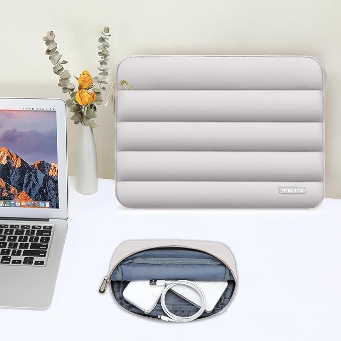 MOSISO 13.3 inch Laptop Case, 13-13.3 inch Puffy Laptop Sleeve Compatible with MacBook Air 13 13.6 M4 M3 M2 M1/Pro 13/Pro 14, HP Dell ASUS Lenovo,Polyester Horizontal Bag with Small Case, Gray