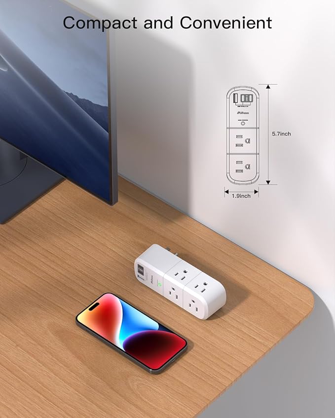 PD20W USB Outlet Extender Surge Protector - with Rotating Plug, 6 AC Multi Plug and 3 USB Ports (2 C), 3-Sided Swivel Power Strip Spaced Splitter for Home, Office, Travel