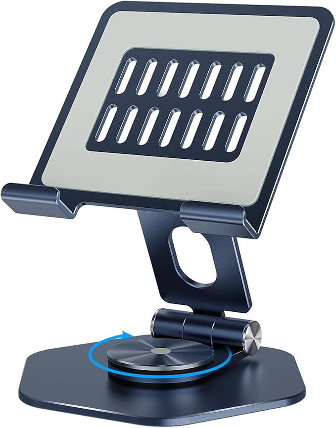 Foldable Aluminum Tablet Stand for Desk, 360° Swivel iPad & Tablet Holder – Portable & Stable Desktop Mount for 5–12.9in Devices, Dark Grey