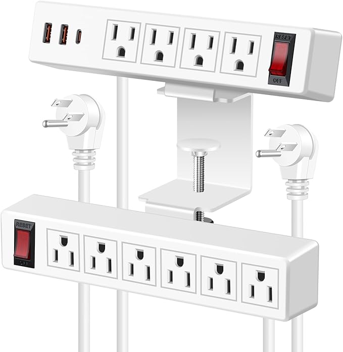 Desk Clamp Power Strip with PD20W USB-C, 2 in 1 Dual Layer Under Desk Power Strip, Removable Clamp Power Socket with 10AC Outlets & Switch, 6ft Extension Cord(ETL Listed)