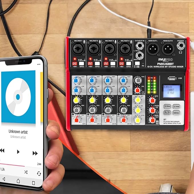 PYLE Studio Audio Sound Mixer Board - 6 Channel Bluetooth Compatible Professional Portable Digital DJ Mixing Console w/ USB Mixer Audio Interface - Mixing Boards For Studio Recording - PMXU68BT