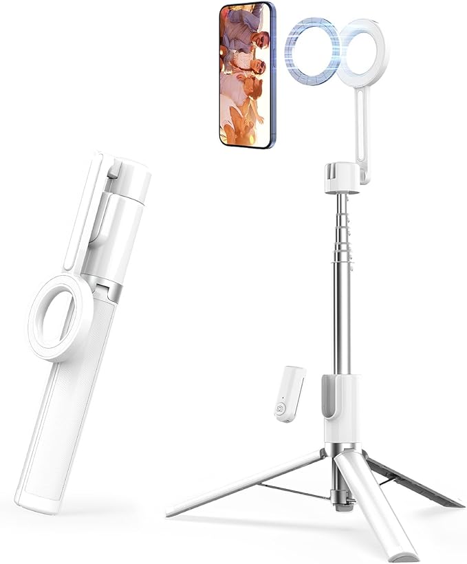SEAJIC Magnetic Selfie Stick Tripod with Remote,54" Phone Tripod Compatible with MagSafe,Fit for iPhone 12/13/14/15 Series,Magsafe Case and Other Phones with Metal Ring