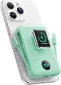 Magnetic Portable Charger 10800mAh for iPhone with Built-in Cables, 6-in-1 Wireless Power Bank with iWatch Charger, 25W PD Fast Charging USB C Battery Pack for iPhone 16/15/14/13/12,Apple Watch(Green)