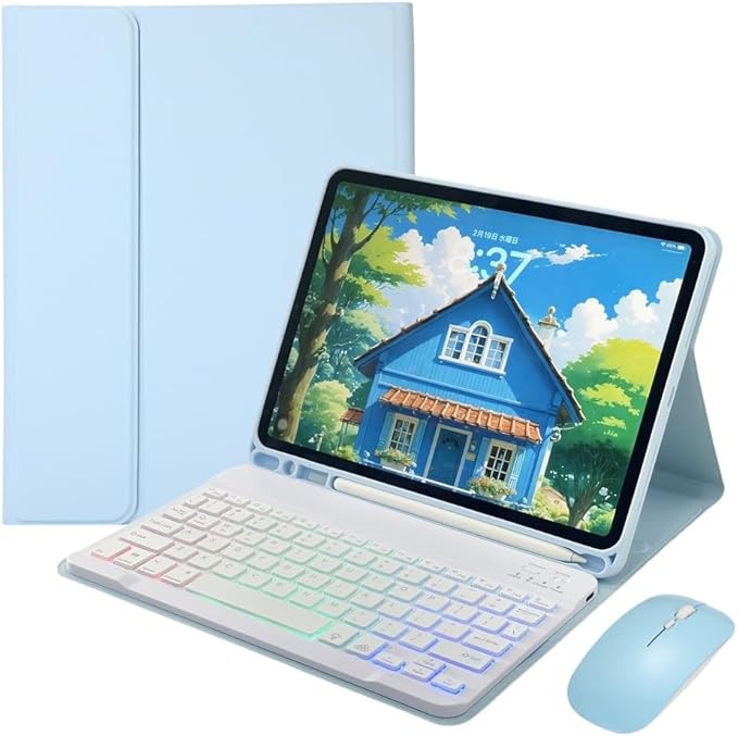 Rainbow Backlit Keyboard Case for iPad Air 13-inch (M3/M2), iPad Pro 12.9 (6th/5th/4th/3rd Gen) with Mouse and RGB Colorful Backlight Detachable Keyboard Cover,Light Llue