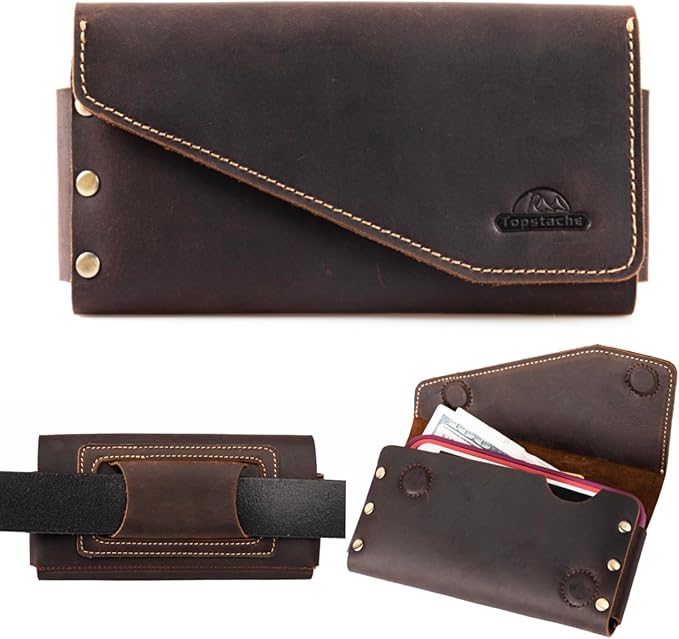 topstache Leather Phone Holster with Belt Loop, Magnetic Closure Cell Case Card Holder Wallet,Leather Pouch for iPhone 14 Pro,Galaxy S23(Fits Otterbox on) L,Darkbrown, Belt Loop-Darkbrown (C0403)