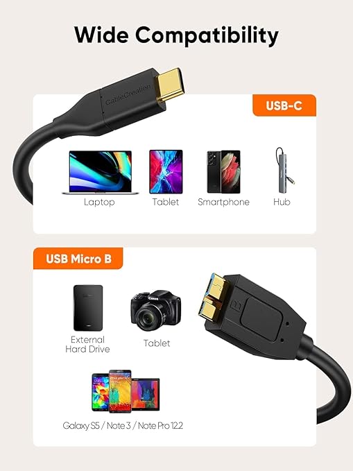 CableCreation 1FT*3 USB C to Micro B Cable,10Gbps Speed External Hard Drive Braided,USB 3.1 Type C to Micro B Work for iPhone 15/16,Seagate WD Westgate My Passport,MacBook Pro, iPad/Tablet,Black