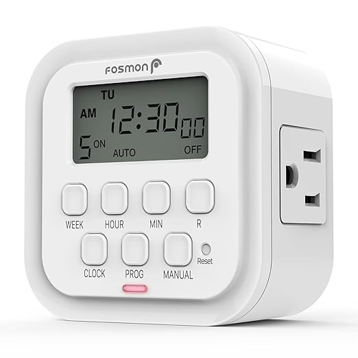 Fosmon 7 Day Digital Timers for Electrical Outlets, Indoor Plug-in Light Timers Switch Programmable, Electric Wall Plug for Lamp, Grow Reptile Lights, Aquarium, 15A/1875W, Grounded