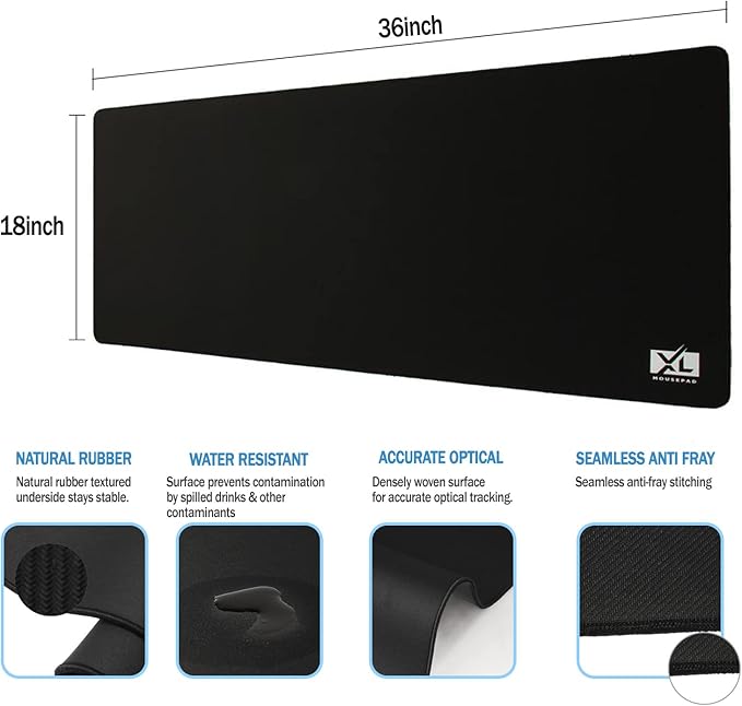2XL Huge Extra Large Gaming Mousepad for Full Desk - Super Thick Nonslip Rubber Base and Waterproof Desktop Keyboard Extended Mouse Mat (Black, 2XL (36''x18''))