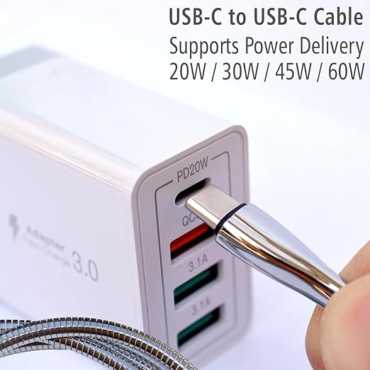Metal Braided Wire USB C to USB C Cable 6ft, 2Pack, 60W 3A, Stainless Steel, Strong Durable Wire, Tangle Free, Pets Chewing Proof, Silver
