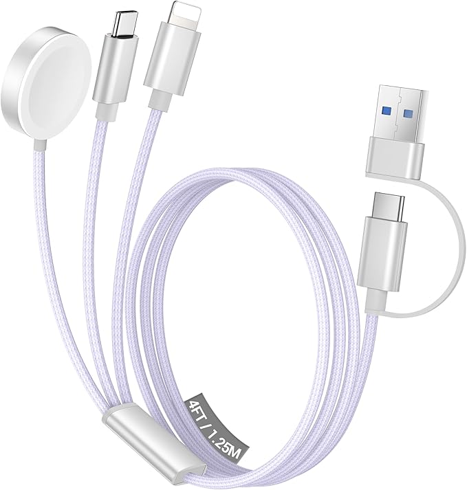 Temdan for Travel Vacation Essentials,3 in 2 USB C Cable for Apple Watch Charger/iPhone 16 Charger/Lightning,Multi Charging Cable Cord,Camping Essentials,Designed for iWatch &iPhone 16-12-4FT Purple