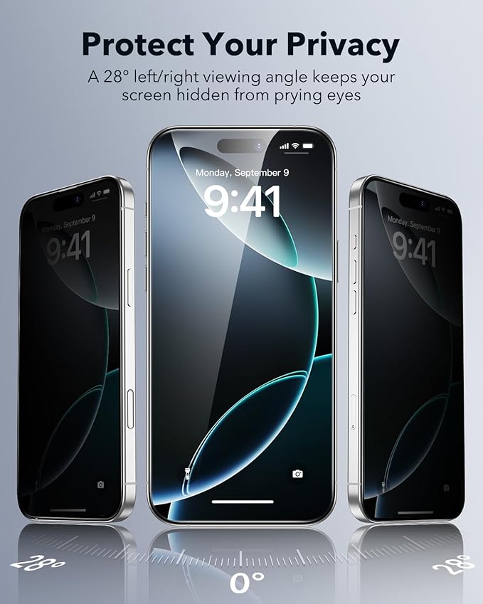 ESR 3 Pack for iPhone 16 Pro Privacy Screen Protector, Anti-spy Tempered-Glass Privacy Screen Protector with Easy Installation Tool, Micro-Curved Edges, Case Friendly