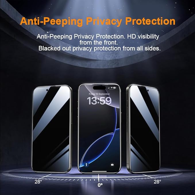 OneFish Privacy Screen Protector for IPhone 14 Pro Anti-Spy Tempered Glass Dust-Free Bubble-Free Anti-Fingerprint 9H Scratch Protection & Hassle-Free Installation Frame [2-Pack]
