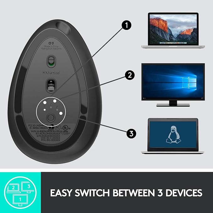 Logitech MX Vertical Wireless Mouse – Ergonomic Design Reduces Muscle Strain, Move Content Between 3 Windows and Apple Computers, Rechargeable, Graphite