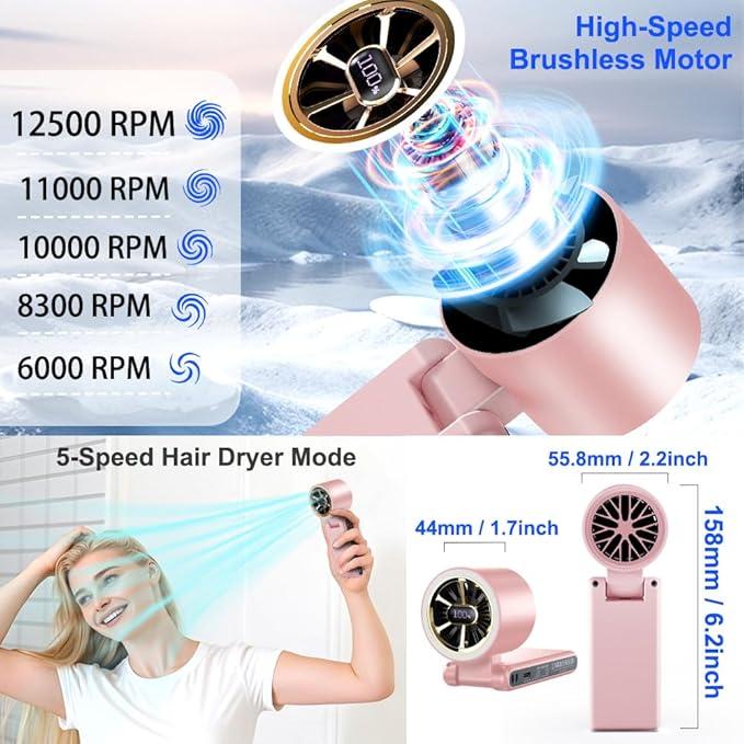 CAZOKASI Rechargeable Strong Wind Handheld Fan With Ambient Lighting 4 IN1 5000mAh Upto 22H For Desktop Waist Clip Neck (StrongWind/Pink)