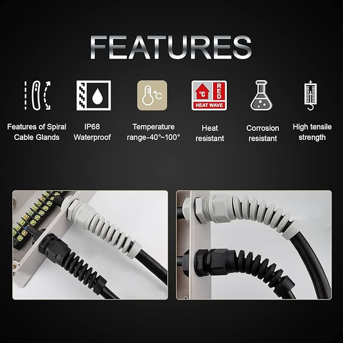LeMotech 20Pcs NPT 1/2" IP68 Waterproof Cable Gland Flex Spiral Strain Relief Black Nylon Joint with Gaskets for 6-12mm Wire Thread