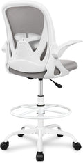 Primy Ergonomic Drafting Chair with Flip-up Armrests Tall Office Chair for Standing Desk Comfortable Desk Chair with Adjustable Footrest Ring and Lumbar Support in Gray Perfect for Home and Office Use