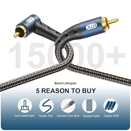 EMK RCA Subwoofer Cable 90 Degree RCA to RCA Audio Cable 24K Gold-Plated Nylon Braided Double Shielded Digital Analogue Supports Amplifiers,Home Theater,Hi-Fi Systems,Subwoofer(3.3ft/1m)