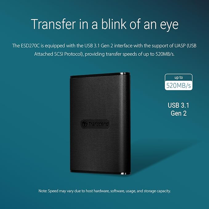 Transcend 1TB External SSD for iPhone/iPad/Mac/Windows/Android, PC/Laptop/Tablet/TV/Game Console, Portable Solid State Drive with One Touch Back up, One-Time Password Unlock, Type-A&Type-C Cables
