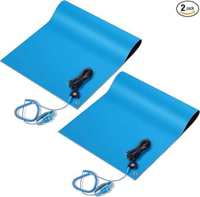 Anti-Static Mat Kits Includes Heat Resistant ESD Mats Anti Static Wrist Straps Grounding Cords Rubber Soldering Table ESD Pad for Computer PC Building Electronics Repair(2 Pack,17 x 25 in)