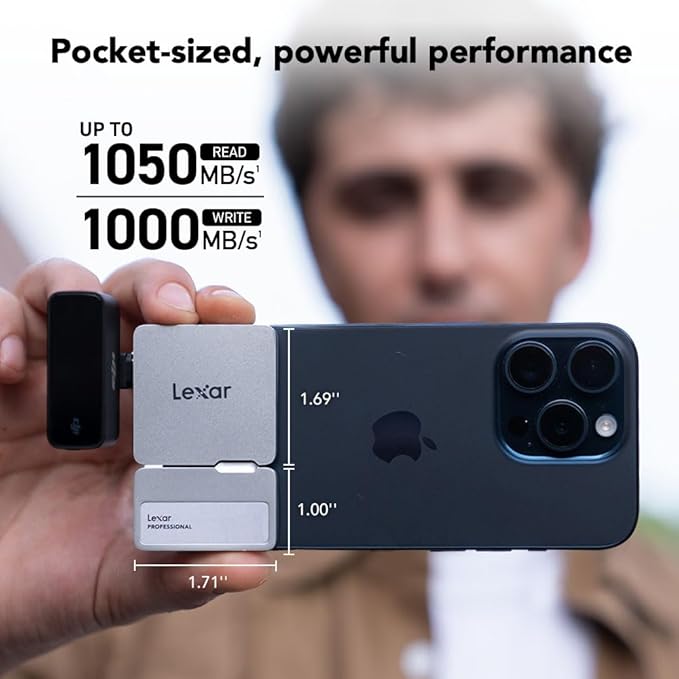 Lexar 1TB Professional Go Portable SSD w/Hub, Supports Apple 4K 60fps ProRes, Up to 1050MB/s, USB 3.2 Gen 2, Rugged, IP65, Ultracompact, Compatible w/iPhone 15/16, External SSD (LSL400S001T-RNSNU)