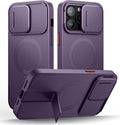 SURITCH for iPhone 14 Pro Max Case with Magnetic Camera Slide Cover and Adjustable Kickstand, Compatible with MagSafe, Shockproof Bumper Case Slim Protective Cover 6.7 Inch, Dark Purple