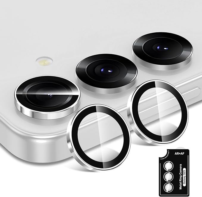 for Samsung Galaxy S25 Camera Lens Protector, Individual Metal Ring Tempered Glass Lens Cover, [Strong Adsorption] Scratch Resistant Ultra-Thin HD Clear Lens Cover, 1 Set-Slivery Ring