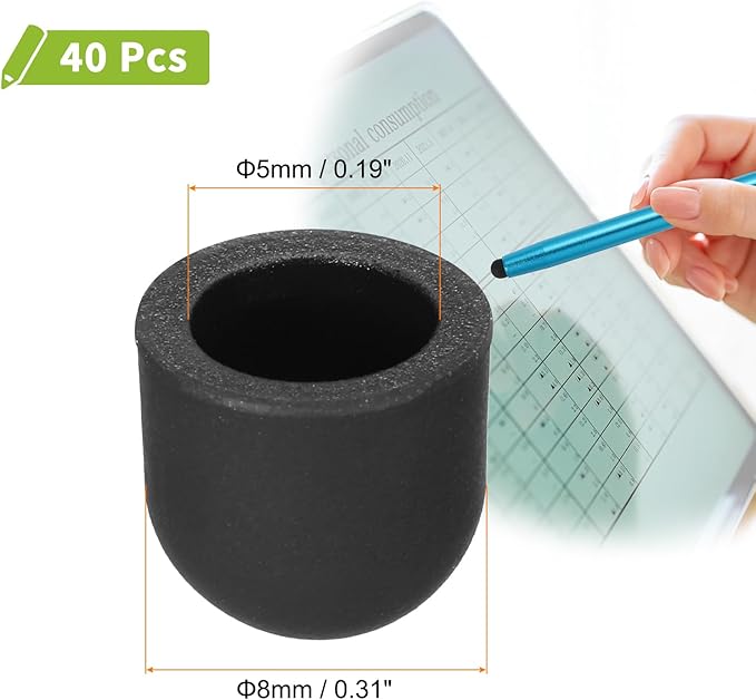 MECCANIXITY 40Pcs Replacement Stylus Pen Tips 8mm Conductive Capacitive Touch Screen Pens Tips Silicone Rubber, Black