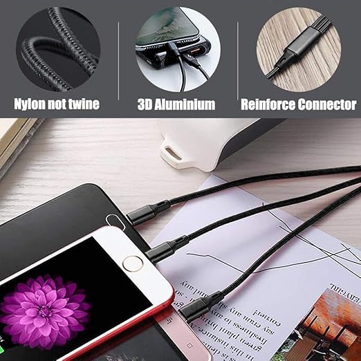 Multi USB Charging Cable 3A, 3 in 1 Fast Charger Cord Connector with Dual Phone/Type C/Micro USB Port Adapter, Compatible with Tablets Phone 12 11 Pro 8 7 6 Samsung Galaxy (4FT/2Pack Charging Only)