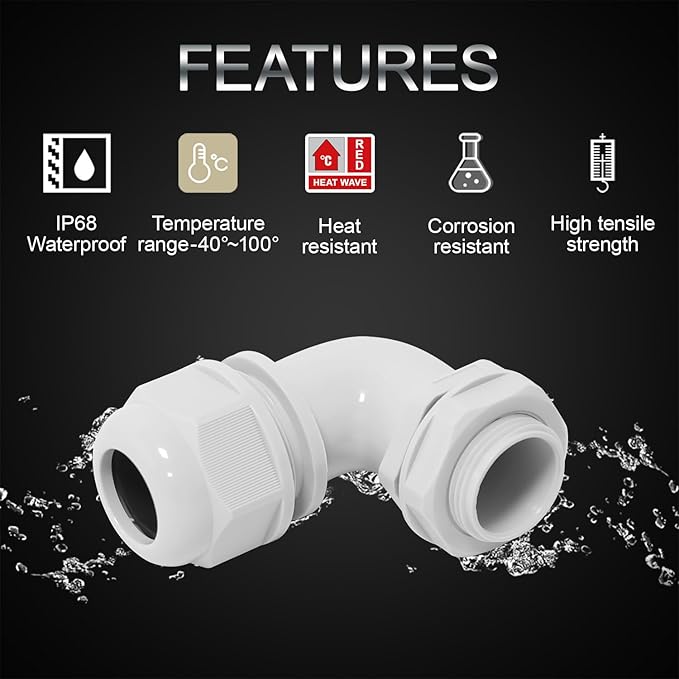 LeMotech M32 Cable Gland, 90 Degree Adjustable 18-25mm Strain Relief, Cord Connectors Nylon Joints with Gaskets, 2 Pcs, Grey