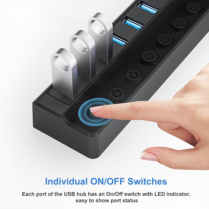Powered USB Hub 3.0, 10-Port USB Splitter Hub with Individual On/Off Switches and 12V/2A Power Adapter USB Extension