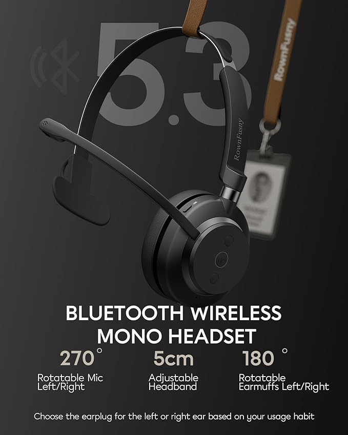 Bluetooth Headphones Wireless Headset with Mic for Work-V5.3 Computer Headsets with Noise Reduction Microphone, 2.4Ghz USB Dongle & Mute Button for PC, Laptop, Office, Home
