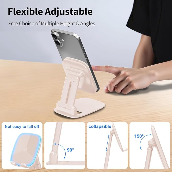 DEERLAMN Cell Phone Stand for Desk, Height Adjustable Cell Phone Holder Portable Desktop Stand, Travel Home Office Desk Accessories Compatible with iPhone 16/15/14/13/12/11 All Smartphone - Pink