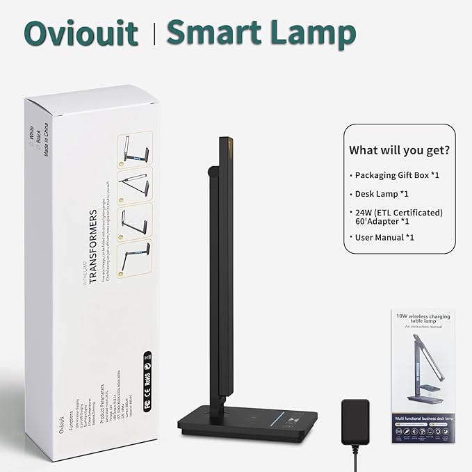 10 in 1 Smart Desk Lamp Led, Desk Light for Colleage Drom Room Office, Eye-Caring Table Lamp with Night Light, Lamp for Desk with 10W Wireless Charger, Dimmable Touch Lamp, Birthday Gifts for Women