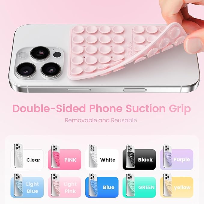 Klearlook 4Pack Silicone Suction Cup Phone Case Mount Double Sided, Sticky Phone Grip for Cell Phone, Hands-Free Phone Accessories for Selfies and Videos, Light Blue & Light Pink & Black & White