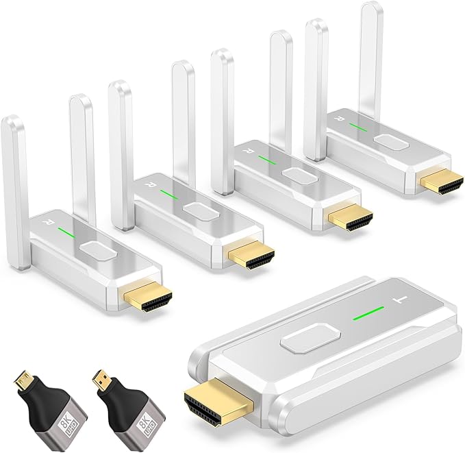 Wireless HDMI Transmitter and 4 Receivers 500FT/150M, 2.4G+5G Plug & Play Portable Wireless HDMI Splitter 1 to Multiple Screens for Video and Audio to Monitor from Laptop/PC/TV Box/Projector