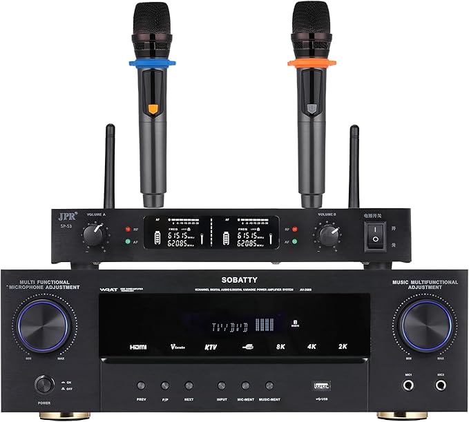 Stereo Receivers, 5.1 Channel Audio Amplifier with Bluetooth,8K Ultra HD, Optical/Coaxial USB, Subwoofer Output & Wireless Mics, Home Theater Amplifier System, for Theater Speakers