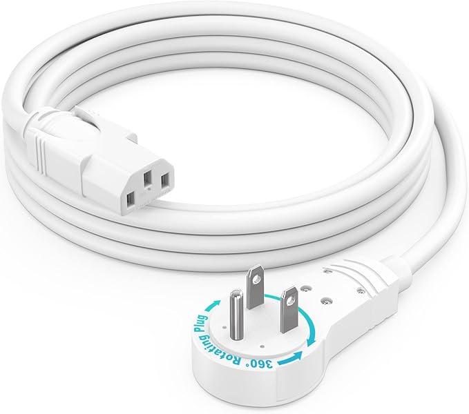 Maximm Monitor Computer Power Cord 6 Ft Flat Plug 360° Rotating PC Cable 3 Prong for, Desktop, Printer, Scanner, 16 AWG NEMA 5-15P to IEC13 - UL Certified
