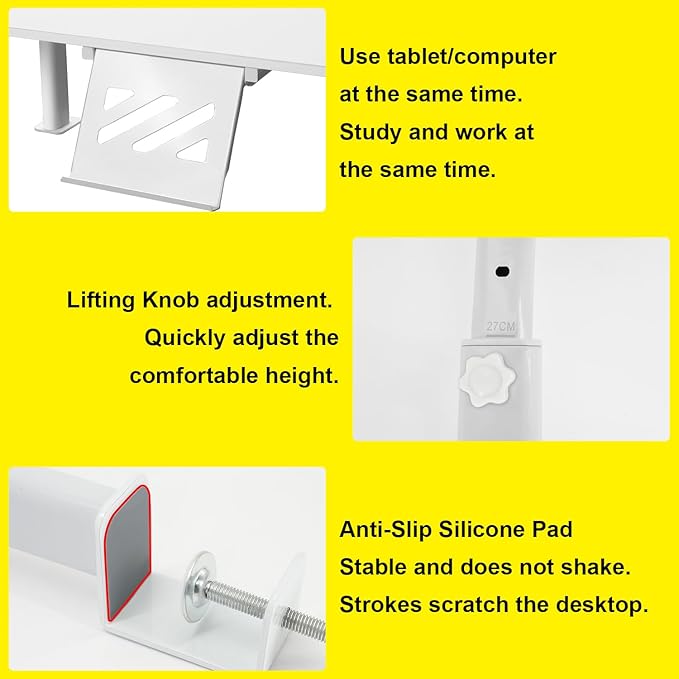 Clamp-On Monitor Stand Riser with Phone/Pad Holder, Height Adjustable from 6.7" to 10.7", Computer Desk Shelf for Laptop, PC, Home Office Workstation (White)