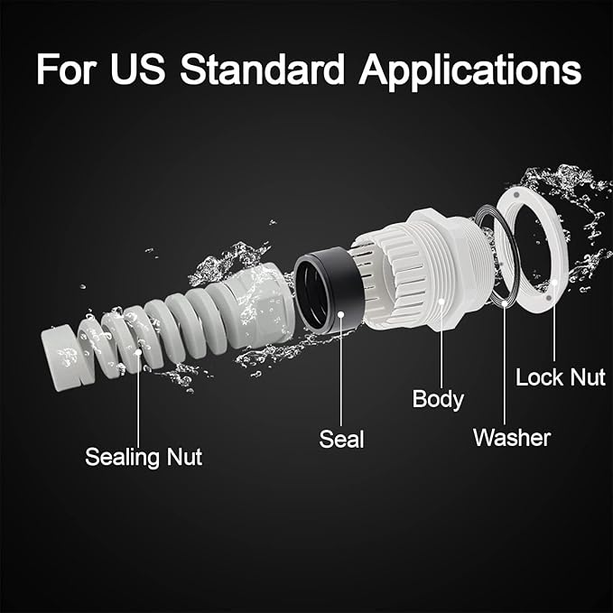 LeMotech 10Pcs NPT 1/4" IP68 Waterproof Cable Gland Flex Spiral Strain Relief Grey Nylon Joint with Gaskets for 4-8mm Wire Thread